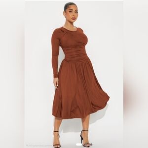 Elegant Brown Long Sleeve Ruched Dress